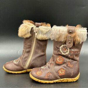 Iacovelli Italy Girls Leather Boots Real Fur Trim Floral Zip Brown Size 4 EU 20